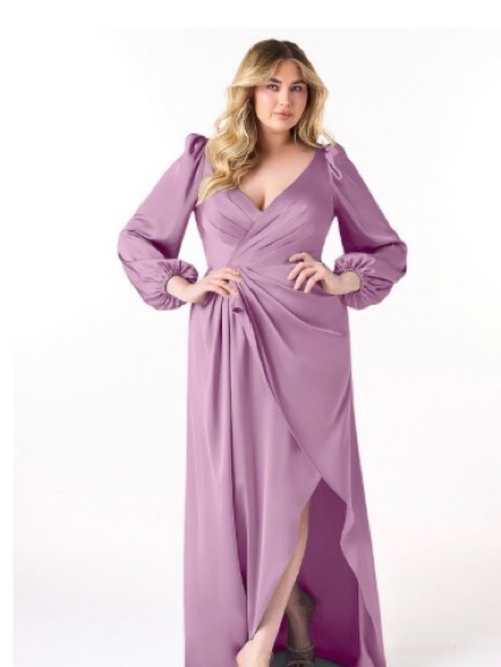 Azazie Lavender Wrap Maxi Gown with Bishop Sleeves